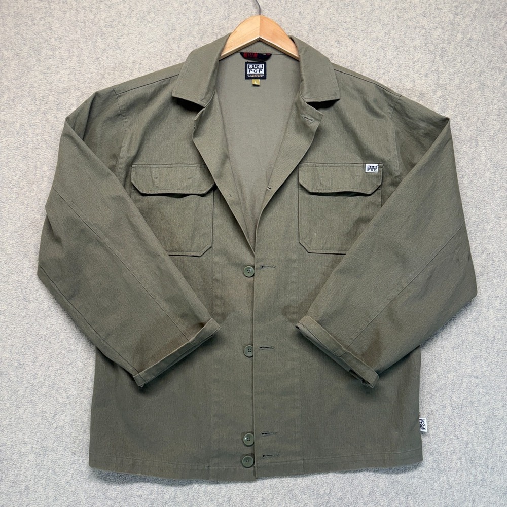 Vintage Sub Pop Records Mens Chore Jacket Olive Green Utility Workwear Size L - Picture 5 of 16